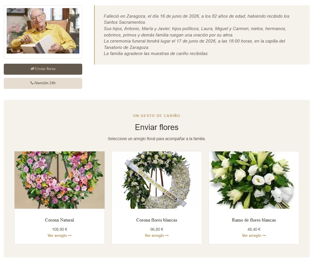 Esquela online con envio de flores y mensajes de condolencia