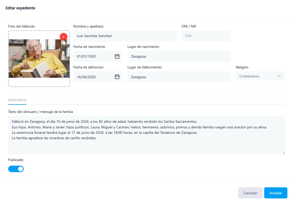 Panel de gestion de esquelas online para funerarias
